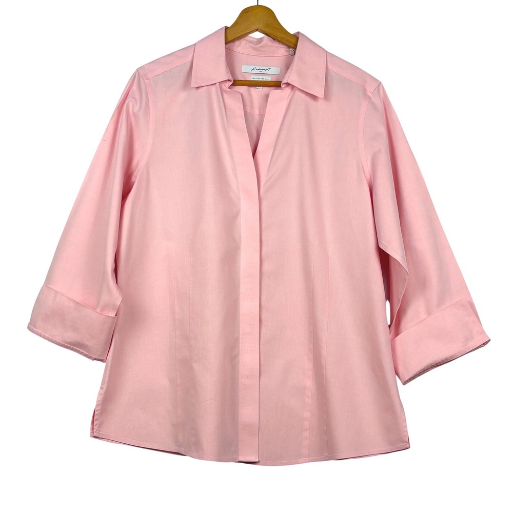 Foxcroft NYC Heritage No-Iron Pink Button Down Shirt 3/4 Sleeve Fitted 16 Office
